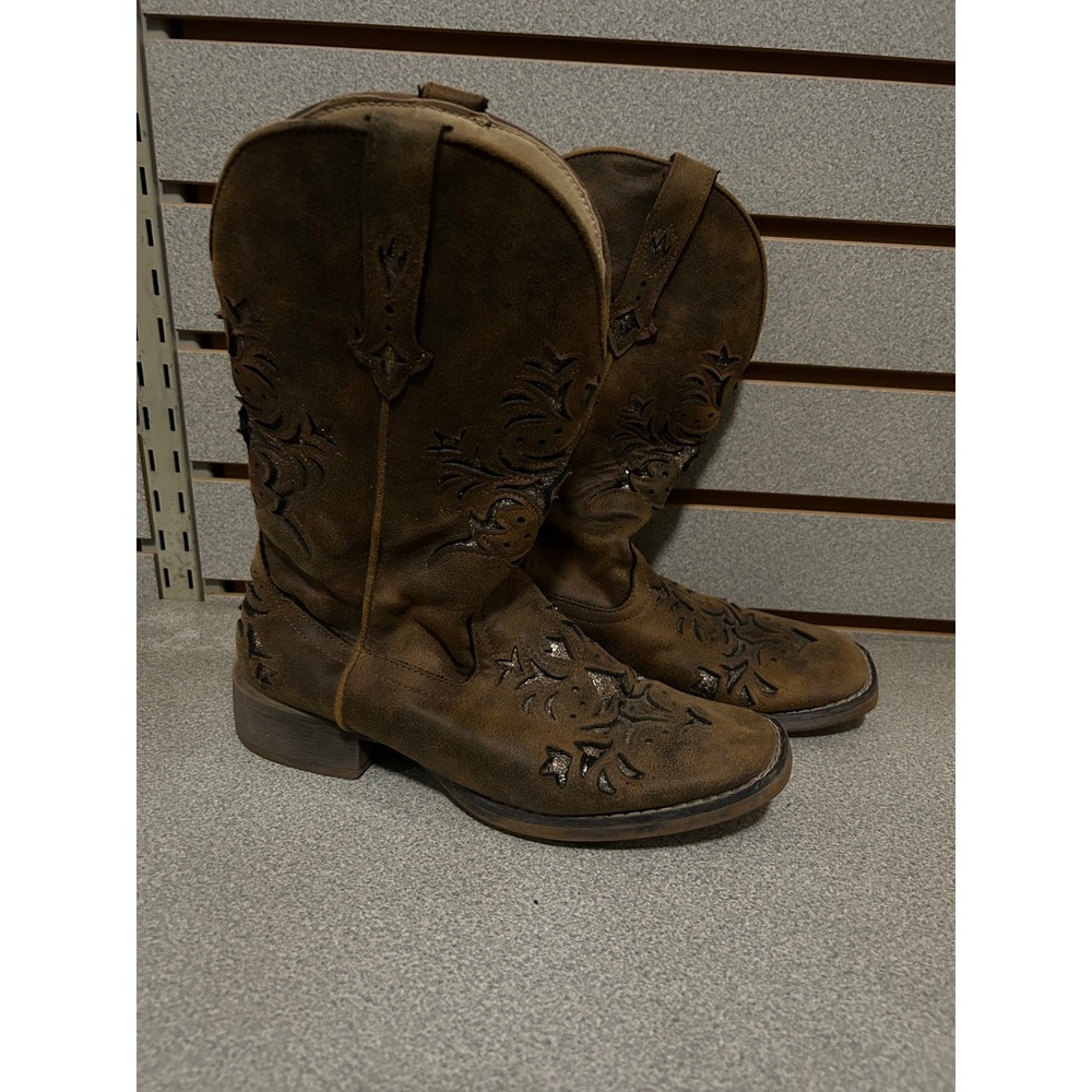 Roper Womens Brown Distressed Laser Cut Floral Square Toe Cowboy‎ Boots Size 7